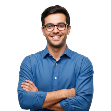 Smiling caucasian man wearing blue button down shirt and glasses with arms crossed isolated on transparent background