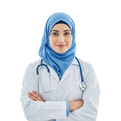 Smiling muslim doctor wearing blue hijab and white coat isolated on transparent background