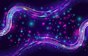 Obraz premium Vibrant Abstract Neon Light Wave Background - Glowing Futuristic Lines with Scattered Particles and Bokeh Effect for High-Energy Technology