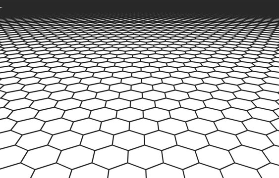 Black and White Hexagonal Wireframe Perspective Background - Geometric Honeycomb Grid Texture Receding into Horizon for Futuristic Technology