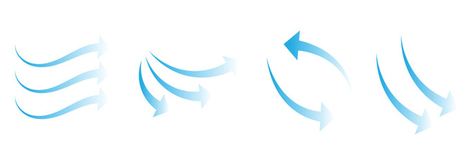 Air flow arrows set. Set of blue arrow showing wind air flow. Vector set of air flow arrows. Blue air flow arrows showing wind circulation and ventilation. Vector Set of Blue Air Flow and Wind.