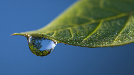 A close-up shot of a water droplet reflecting the sky, hanging from a leaf