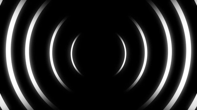 Abstract glowing white neon concentric circles on black background resembling radio waves or radar