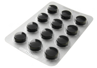 Black medicine pills in blister pack isolated on transparent background for healthcare and pharmaceutical advertising