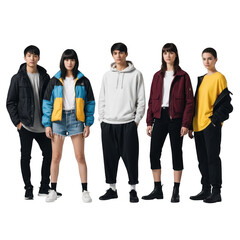 Group of young adults wearing stylish winter clothing isolated on transparent background
