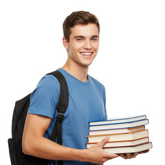 Smiling student holding books with backpack isolated on transparent background