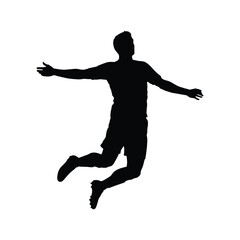 Silhouette of a person jumping with arms outstretched against a white background