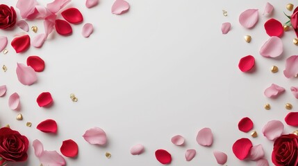 minimalistic photorealistic flat-lay for Valentines Day of rose petals against light background