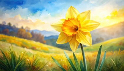 Yellow daffodil blooms in vibrant grassy field vivid yellow daffodil stands out among green blades