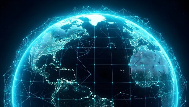 A vibrant digital earth with glowing network connections and a futuristic data stream representing global communication technology - Powered by Adobe