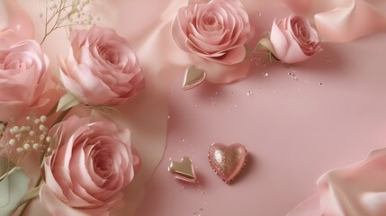  Valentine top-view layout of luxurious decor , roses, hearts