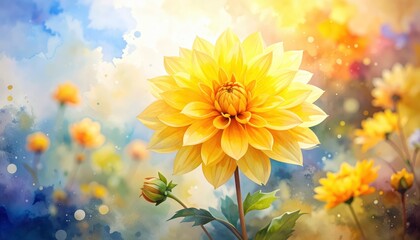 Yellow flower with green leaves on blue background vibrant yellow blossom displays green foliage against blue