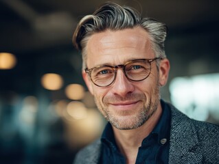 Happy Businessman With Eyeglasses Smiling Looking At Camera Wearing Black Blazer and Shirt With Graying Hair 200 Characters
