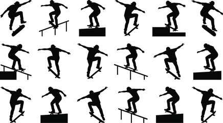 Set of skateboarder silhouettes performing tricks, jumping on rails and ramps, male skater vector illustration collection isolated on white.