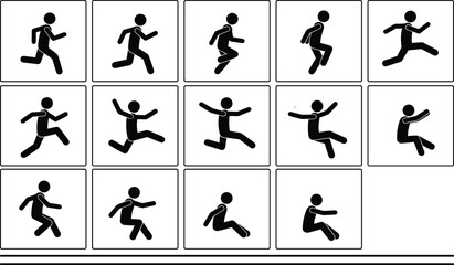 Stick figure animation sprite sheet vector showing running, jumping, and landing motion sequence frames for game design and storyboard projects.