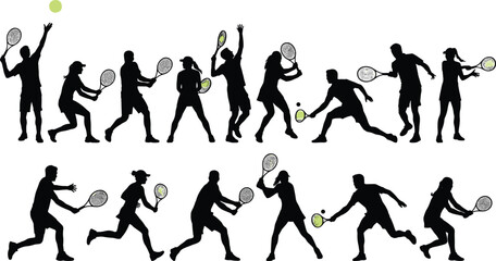 Tennis player silhouettes vector set, men and women athletes with rackets serving, hitting, and running in dynamic sport action poses.