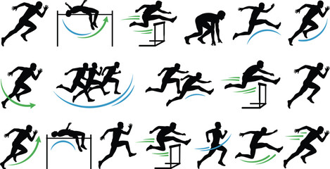 Track and field athletes silhouettes set, running, sprinting, high jump, hurdles action, vector sports illustration collection, competition design icons, isolated.