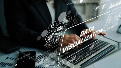 Professional Business Person Engaged in Data Visualization on Laptop with Digital Graphs and Analytics Overlays. Asymptotic smart data analytic.