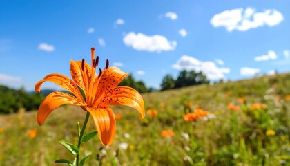 Flower stands tall in field under clear blue sky solitary bloom brightens expansive green field beneath vast sky