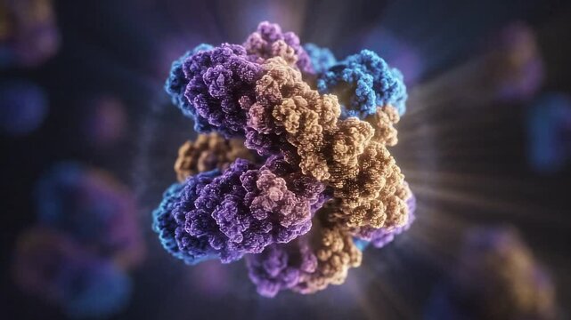 A multicolored complex molecular structure with textured subunits in a dark blurry microscopic setting
