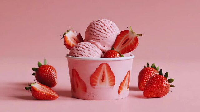 Strawberry ice cream in a cup with fresh strawberries and sweet dessert