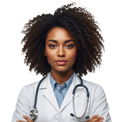 Confident black female doctor wearing a white coat and stethoscope isolated on transparent background