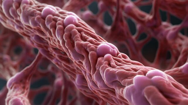 Closeup of a reddishpink undulating structure with multiple lighter pink spherical bulges set against a dark background
