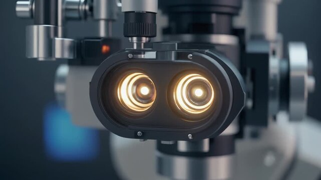 Closeup of a scientific optical instrument with two glowing orange lenses and metallic components in a dim setting