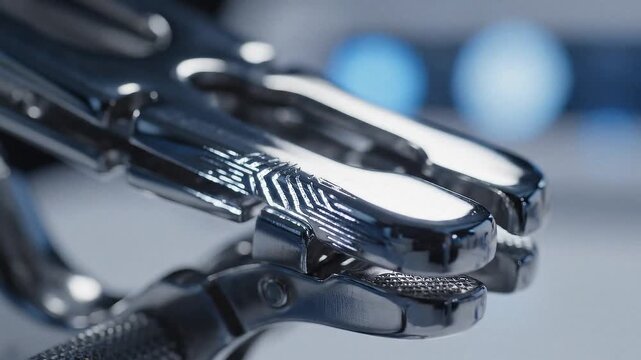 Closeup of a shiny articulated metallic robotic hand with etched patterns blurred blue spheres in background