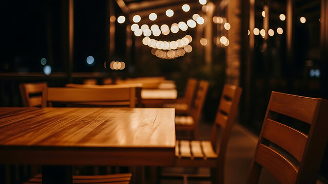Warmly lit outdoor restaurant tables at night with string lights overhead