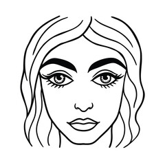 Portrait illustration of a fashion beauty woman's face with black hair, eyes, and lips in a vector sketch style design