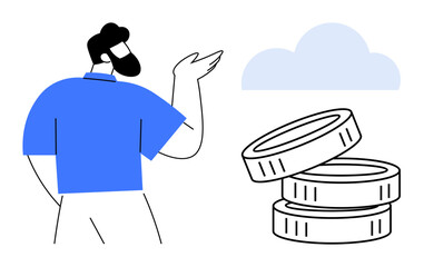 Digital finance, cloud storage, cryptocurrency, fintech, savings, investment. Silhouette of a man gesturing toward stack of coins and cloud. Digital finance and cloud storage concepts