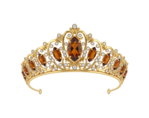 An ornate golden tiara, richly adorned with sparkling white diamonds and striking amber gemstones, against a transparent background