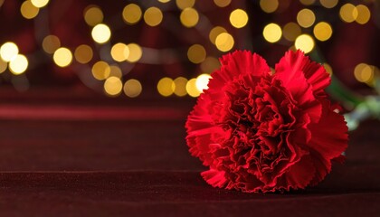 Red flower rests on table background lights softly glow flower sits on surface bokeh lights create serene backdrop