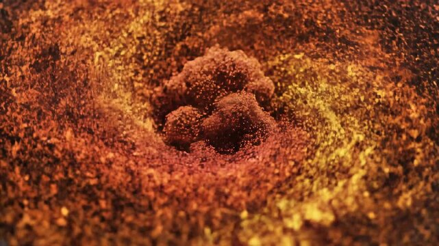 Dark granular surface with a central depression and a raised mound glowing with scattered orange and gold specks