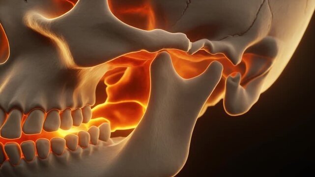 Detailed lateral view of a human skull showing upper and lower jaw teeth and glowing orange interior