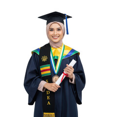 Smiling muslim graduate in cap and gown holding diploma isolated on transparent background