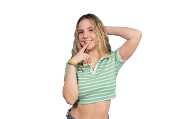 Young woman showing pride wearing rainbow bracelet