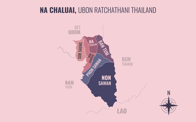 Obraz premium Map showing Na Chaluai District Ubon Ratchathani Thailand divided into sub-districts with minimalist colorful patterns