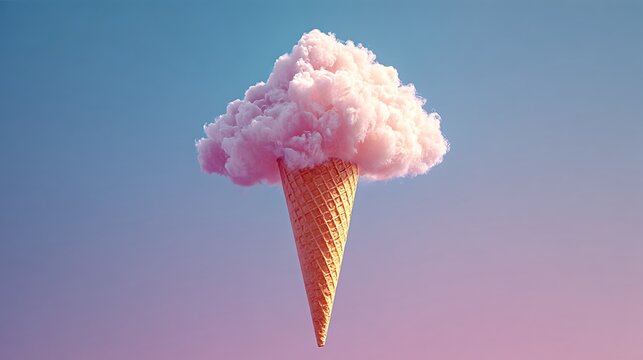 Pink cotton candy cloud in an ice cream cone against a gradient sky image photo