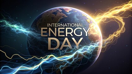 Energy day, Planet surrounded by electric blue energy rings representing futuristic clean power.