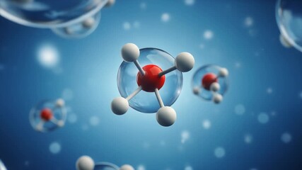 3D molecular structure of a chemical compound with red and white spheres representing atoms bonded together on a blue background with bokeh effect