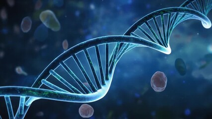 Abstract digital representation of DNA helix, symbolizing genetic code, biotechnology, molecular biology, and scientific research with a blue background - Powered by Adobe