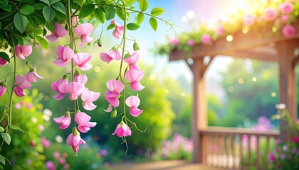 Wooden bench adorned with vibrant pink flowers rustic wooden bench featuring delicate pink blossoms