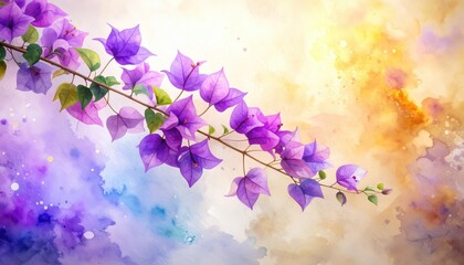 Purple flowers branch against soft watercolor backdrop vibrant purple blossoms flourish on delicate painted wash