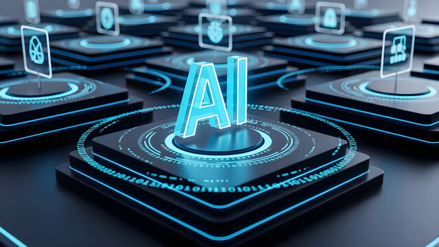 Glowing blue artificial intelligence letters stand central on a futuristic digital data processing platform on white background - Powered by Adobe