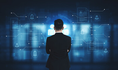 Concept of a digital human resources platform for workforce management. An applicant tracking system helps in team building by organizing employee and candidate profiles. Fermion