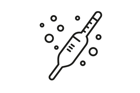 Hydrometer Dance Icon. Line style icon of a tilted hydrometer with bubbles rising around it, representing proofing hydrometer