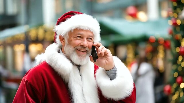 Friendly Santa performer, talks families phone, holiday season spreading, holiday cheer man, dressed Father Christmas, creating joyful atmosphere, speaking cellphone festive, facel