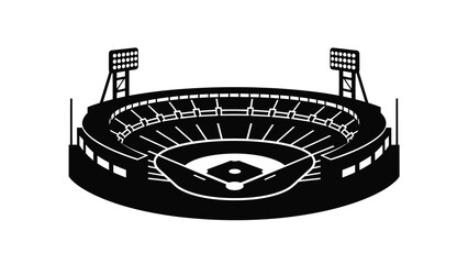 A black and white illustration of a baseball stadium with floodlights © MBHM Studio